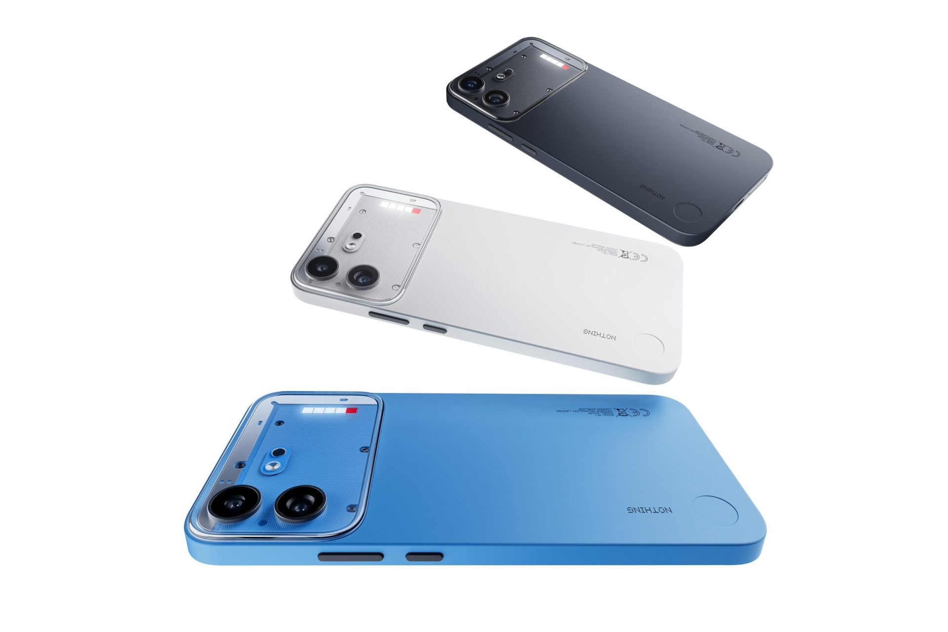 Fehér, fekete és kék Nothing Phone (4b) telefonok hátoldali nézetben.