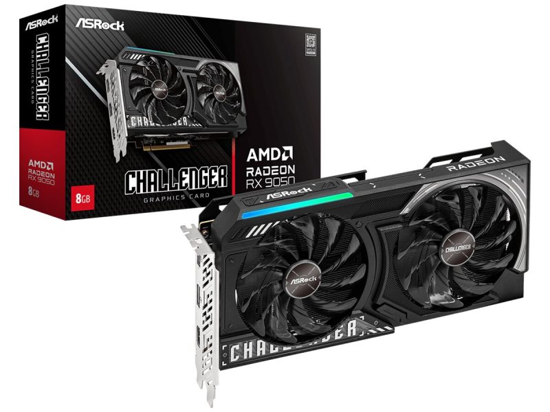 ASRock Radeon RX 9050 Challenger 8 GB videokártya a doboza mellett.