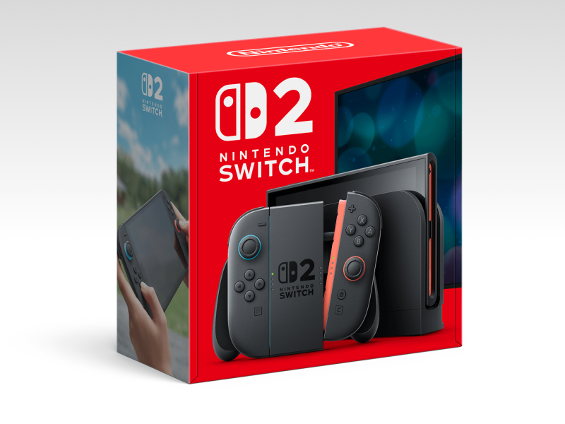 Nintendo Switch 2 doboz, konzol, dokkoló és Joy-Con 2 kontrollerek.