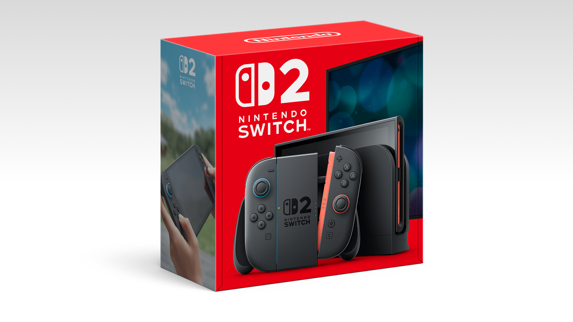 Nintendo Switch 2 doboz, konzol, dokkoló és Joy-Con 2 kontrollerek.