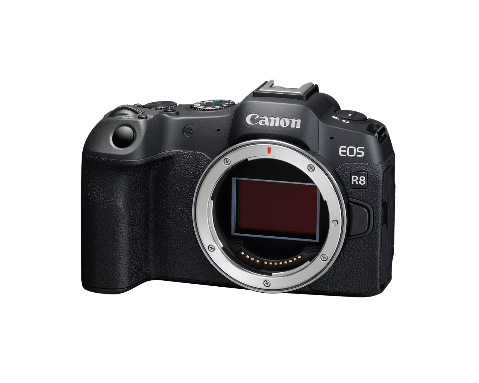 A jelenlegi Canon EOS R8 váz hivatalos termékképen, elölnézeti-háromnegyedes nézetből.