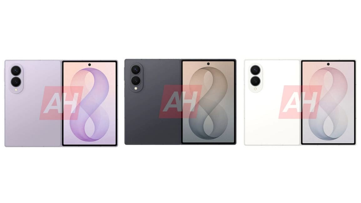 A Samsung Galaxy Z Fold8 kiszivárgott renderképei három színváltozatban, elölről és hátulról.