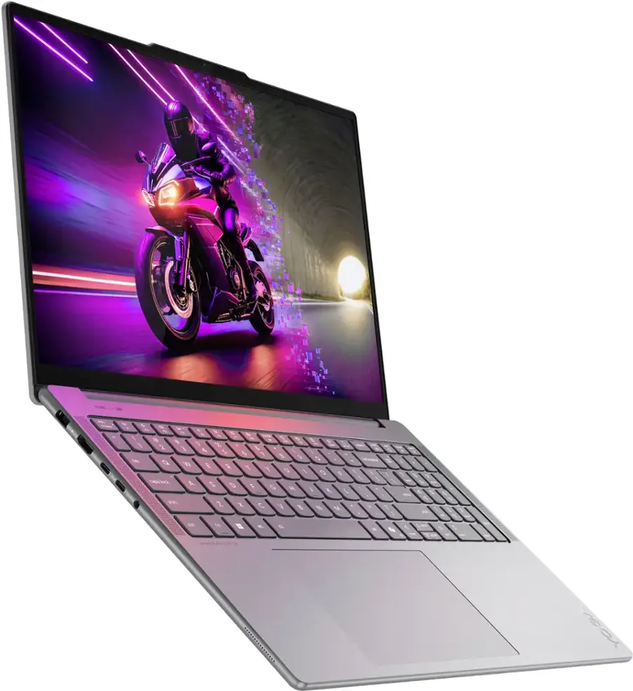 Lenovo Yoga Pro 9i Aura Edition laptop nyitott állapotban, fényes OLED-kijelzővel.