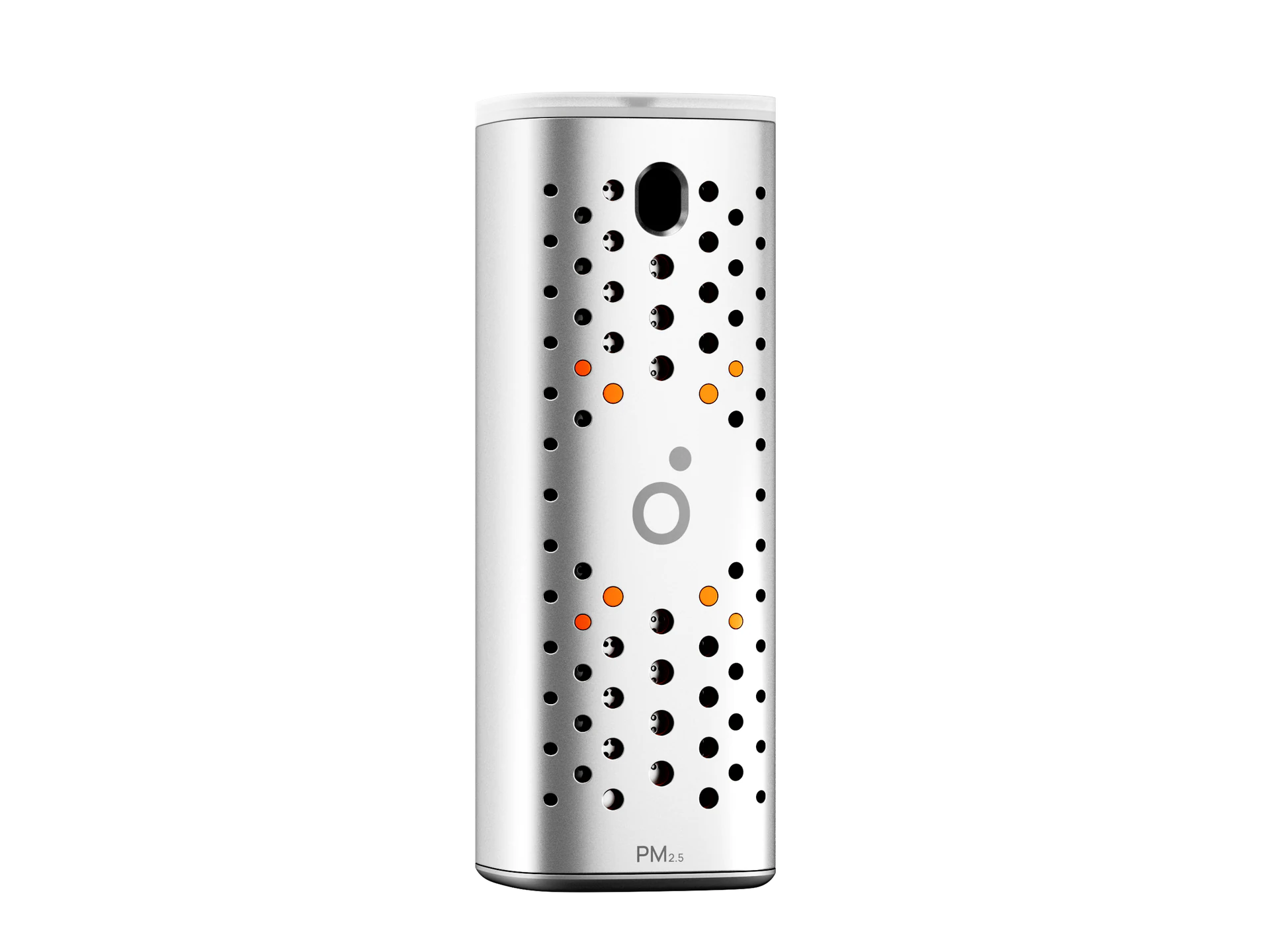 Ezüstszínű Sensereo Airo PM2.5 Sensor Pod perforált előlappal.