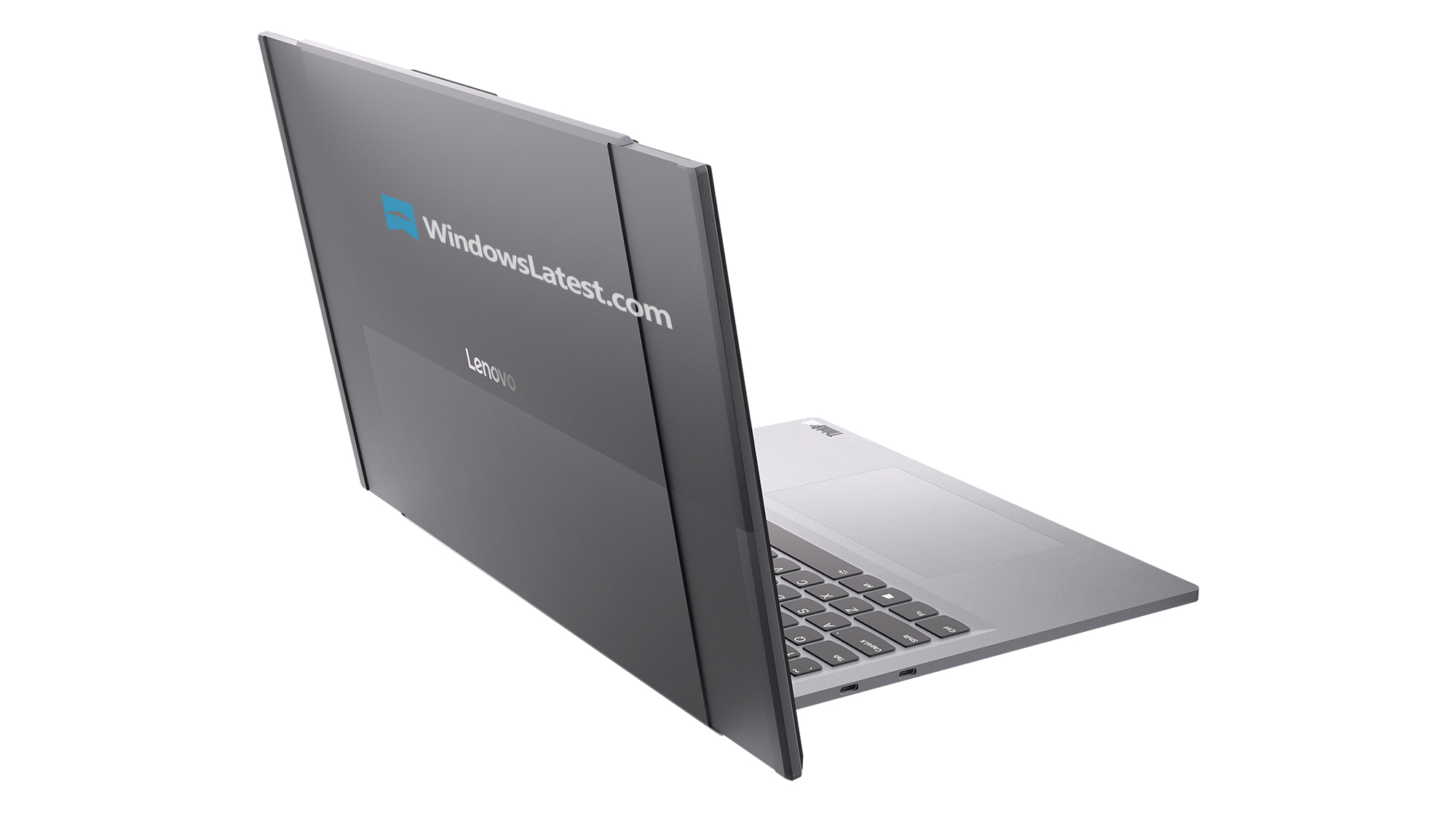 Hátoldali render a Project Swan ThinkBook-prototípusról, a kijelző szélein látható kihúzható részekkel.