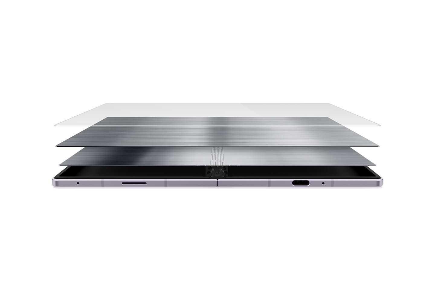Galaxy Z Fold8 nyitott készülék alatt több kijelzőréteget mutató Samsung-ábra.