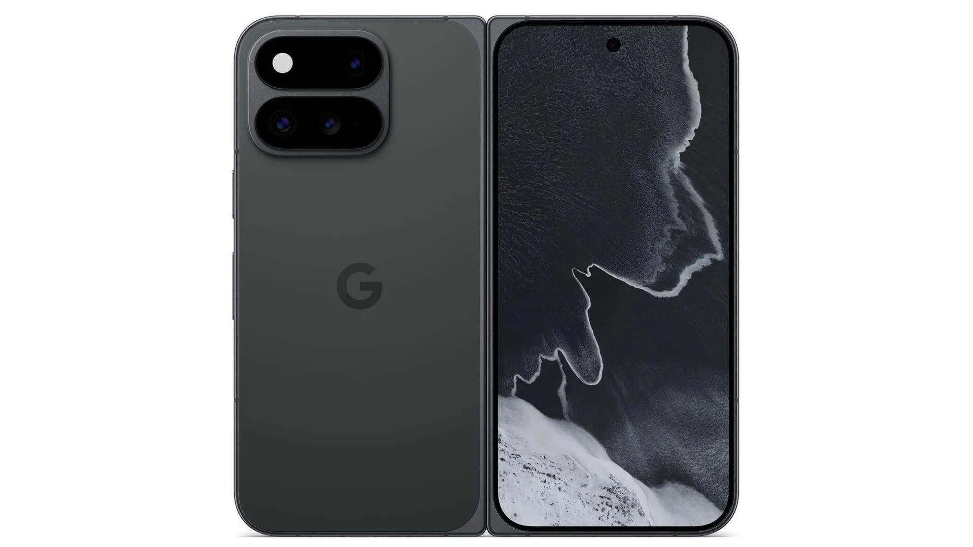 Hivatalos Google-termékfotó a Pixel 11 Pro Foldról, elöl- és hátulnézetben.