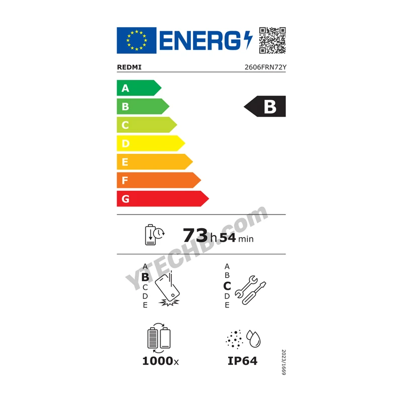 Redmi 17 4G-hez kapcsolt EU-s energiacímke B besorolással és üzemidőadattal.