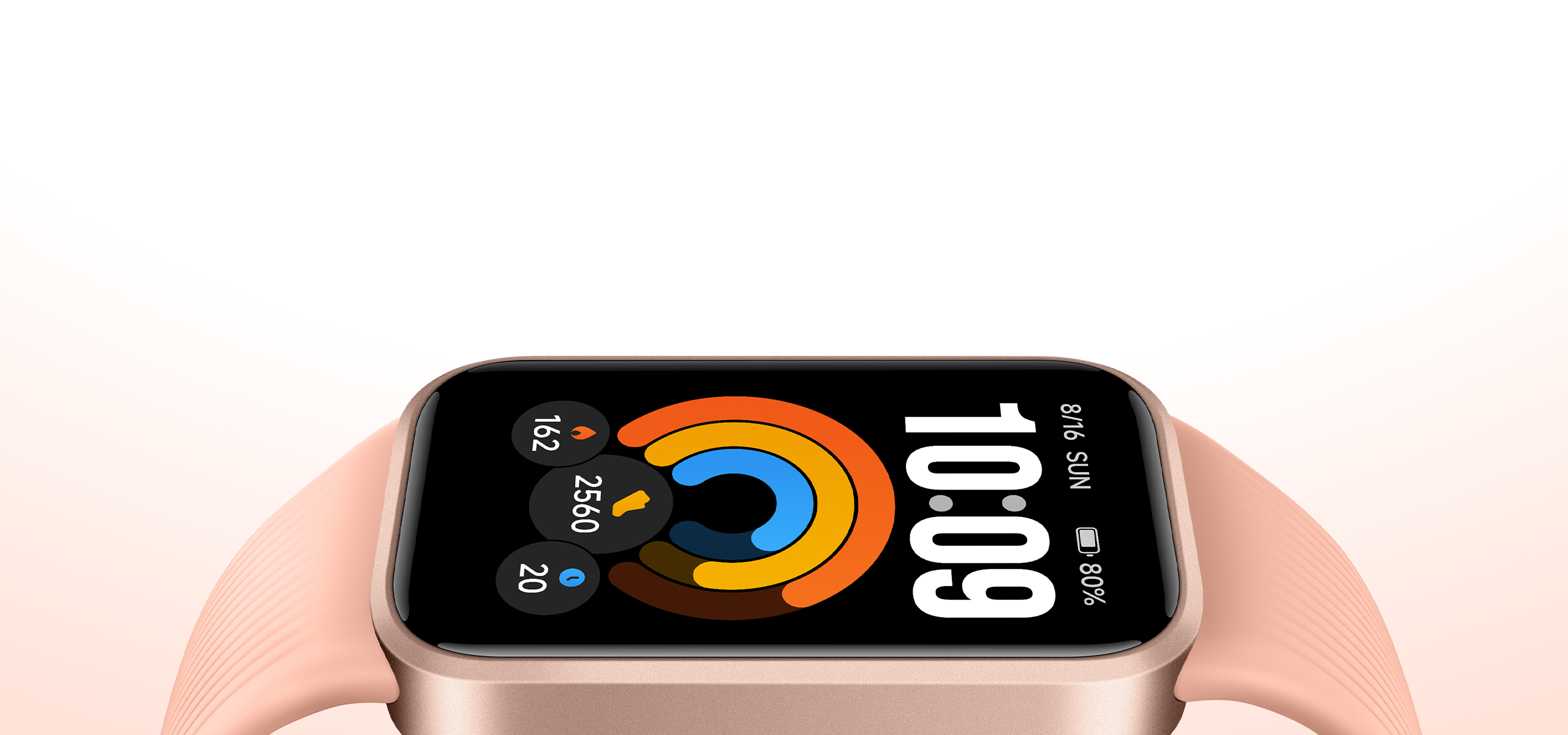 Közeli kép a Pomelo Pink Xiaomi Smart Band 11 Active kijelzőjéről.