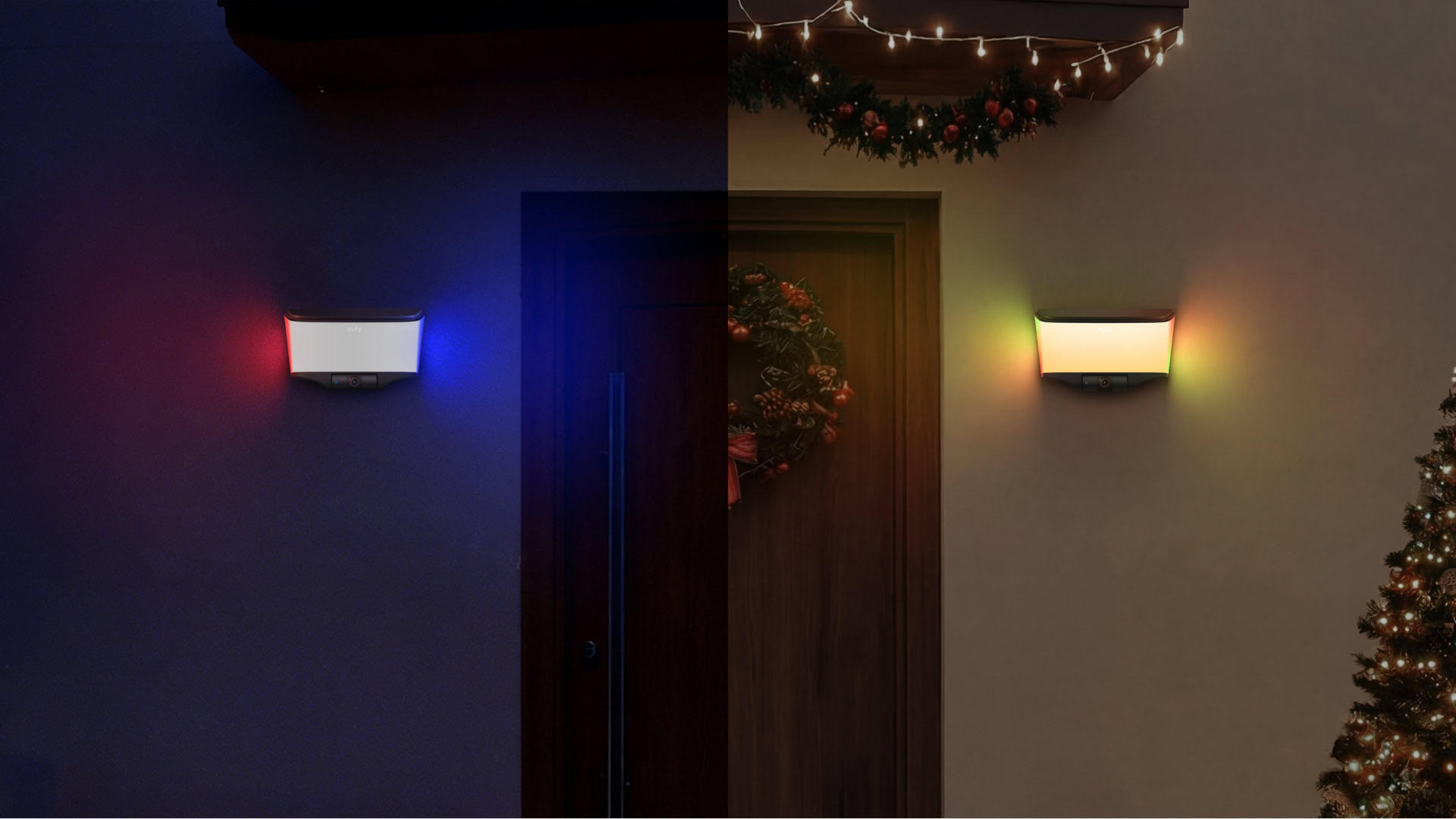Két eufy Wall Light Cam S4 lámpa ajtó mellett, színes és meleg fehér fénnyel.