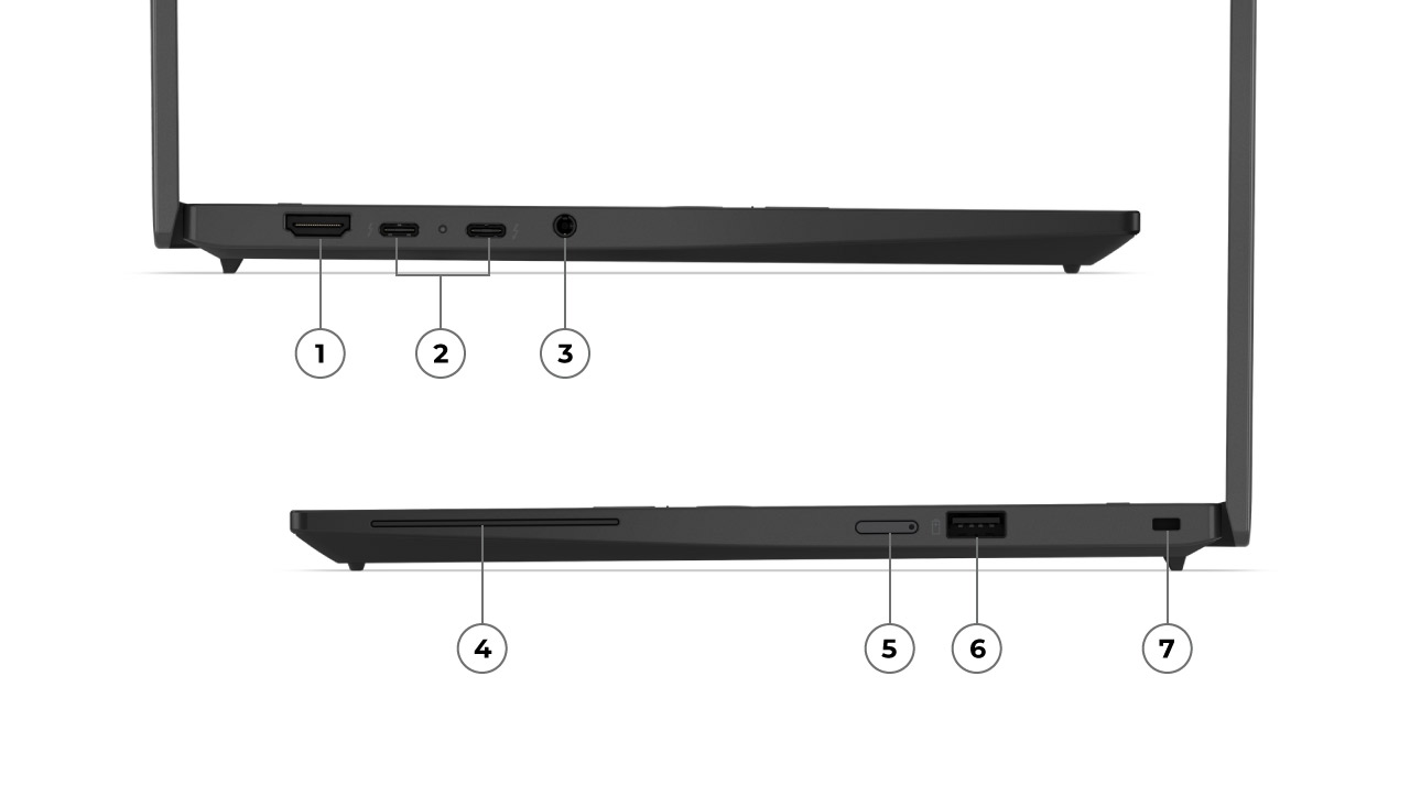 A ThinkPad X13 Gen 7 oldalnézeti portábrája HDMI-, USB-C-, USB-A-, audio- és opcionális Nano-SIM-hellyel.