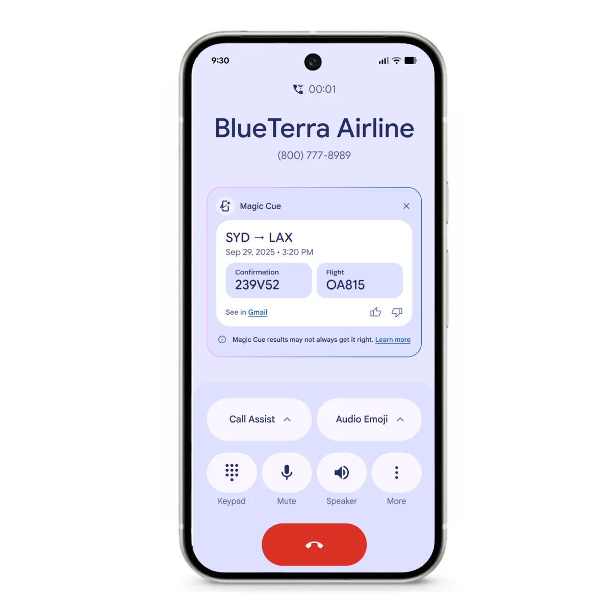 Pixel telefon hívás közben megjelenő Magic Cue-kártyával.