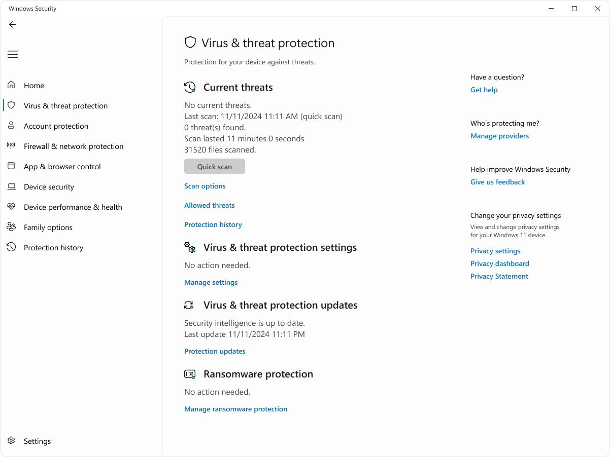 Windows Security vírus- és veszélyforrás-védelem képernyője gyorsvizsgálat gombbal.