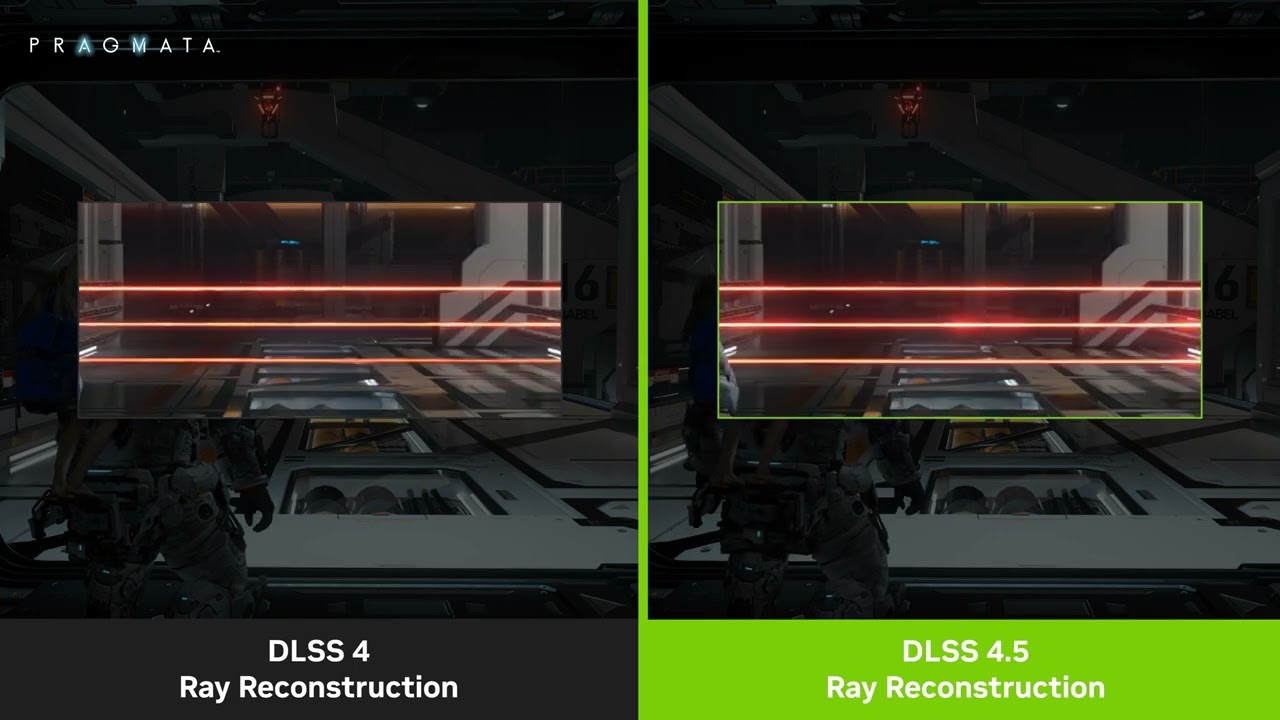 PRAGMATA játékbeli összehasonlítás DLSS 4 és DLSS 4.5 Ray Reconstruction között.