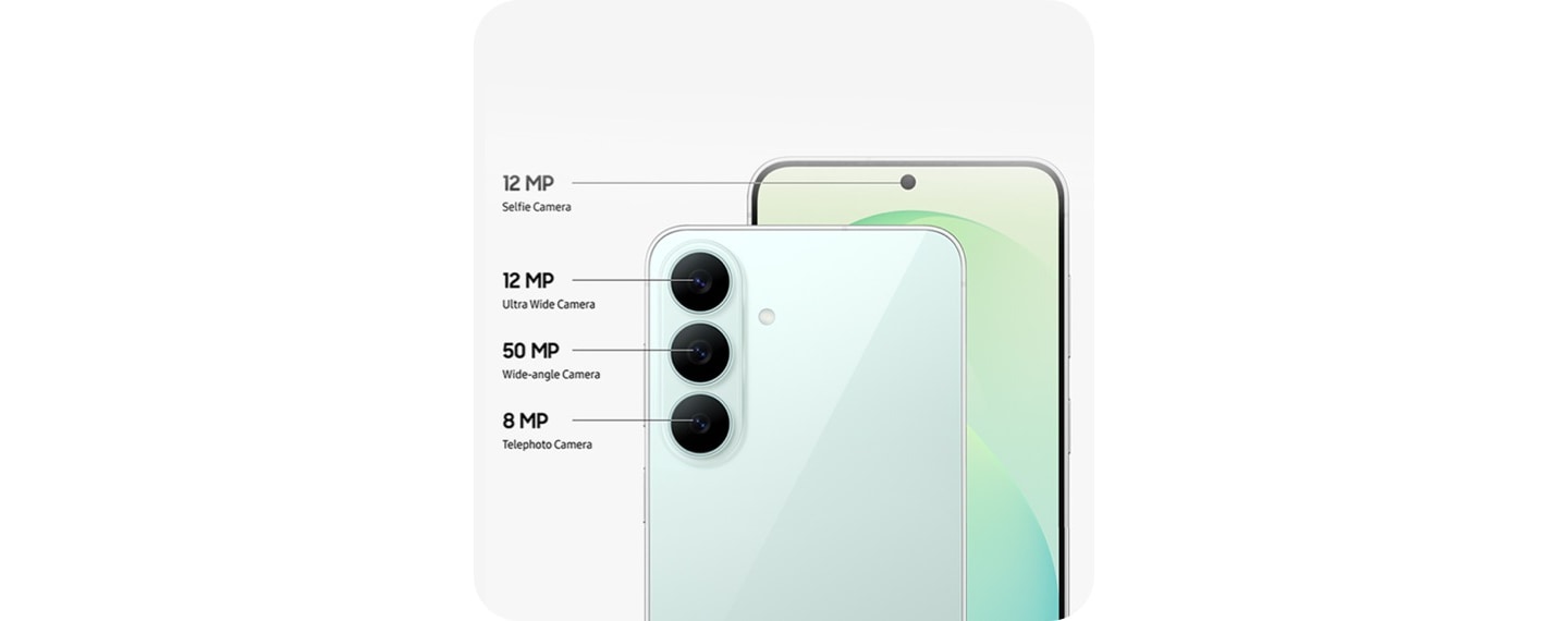 Galaxy S26 FE kameragrafika 12 megapixeles ultraszéles, 50 megapixeles fő, 8 megapixeles telefotó és 12 megapixeles előlapi kamerával.