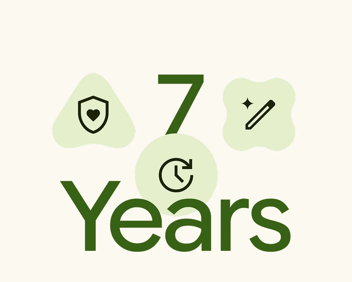7 Years felirat Google-stílusú ikonokkal.