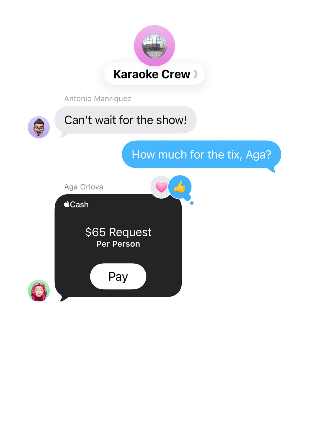 Apple Cash pénzkérés és fizetés gomb az Üzenetekben, hivatalos Apple-illusztráción.