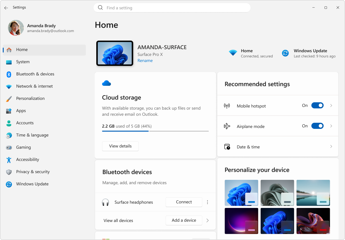 Windows 11 beállítások kezdőoldala Wi-Fi állapottal és mobilhotspot kapcsolóval.