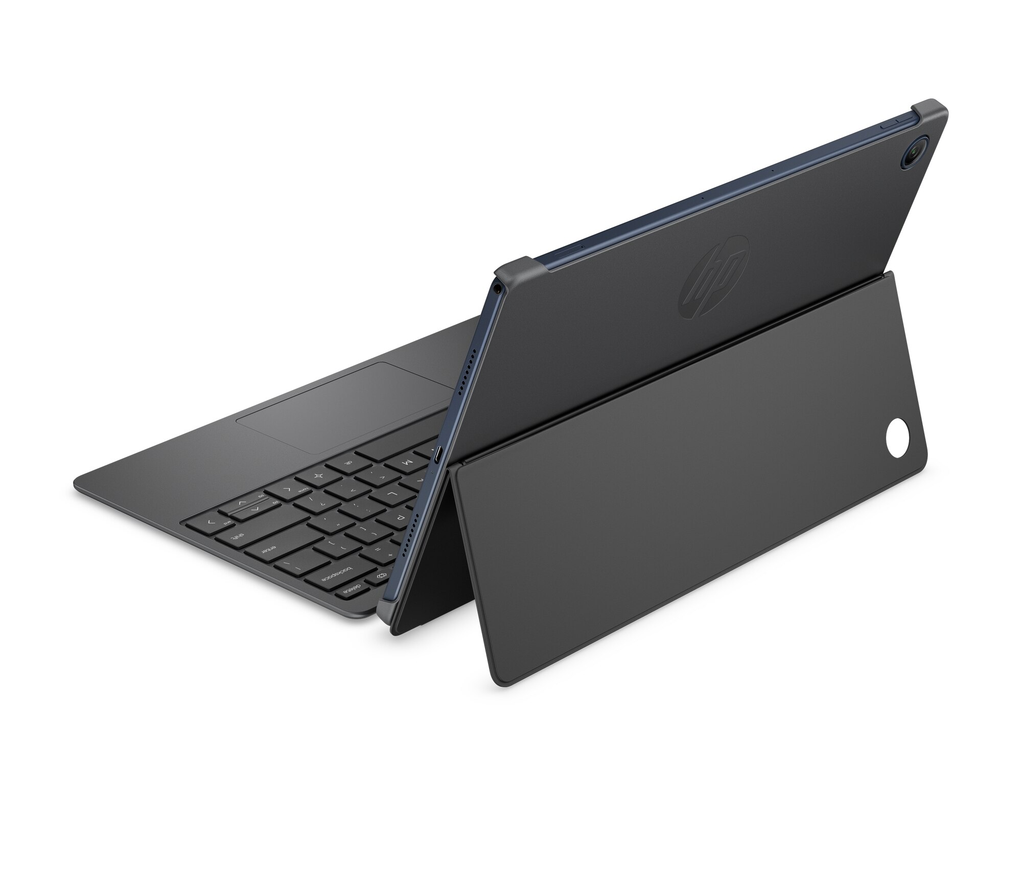 HP OmniPad 12 hátulról, kitámasztva, a billentyűzettel mögötte.