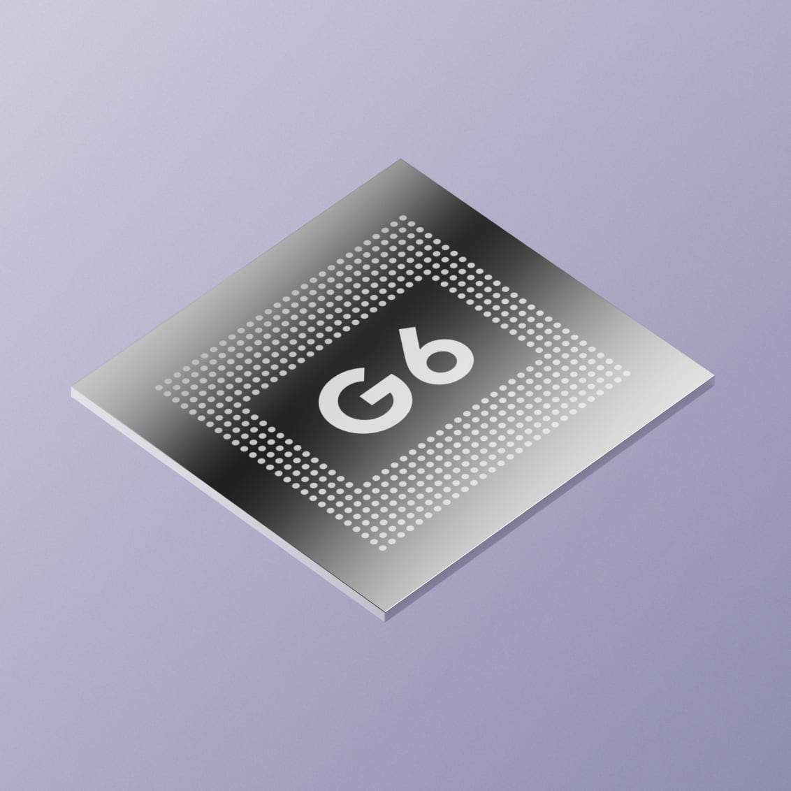 G6 feliratú Google Tensor chip renderképe halvány lila háttéren.