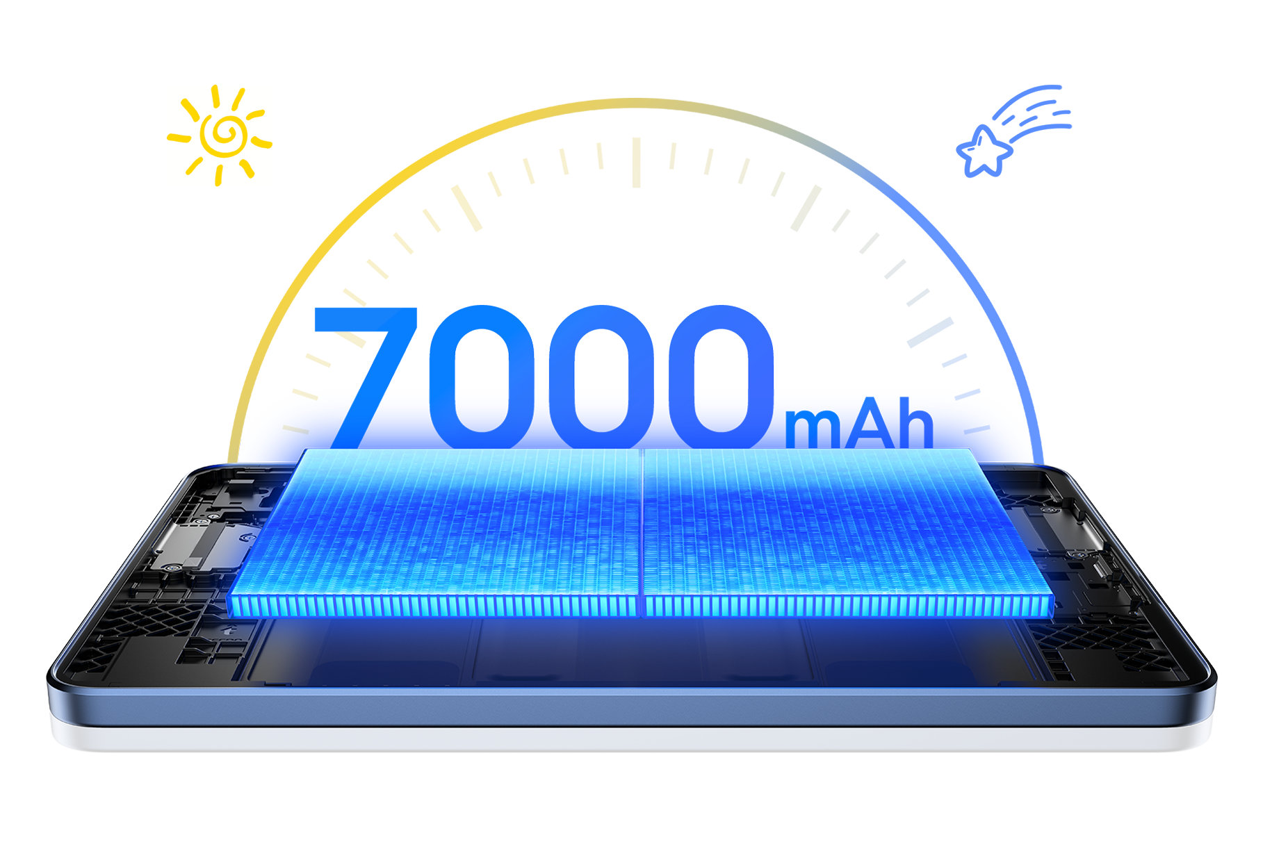 TECNO MEGAPAD SE 2 akkumulátorát szemléltető 7000 mAh-s hivatalos grafika.