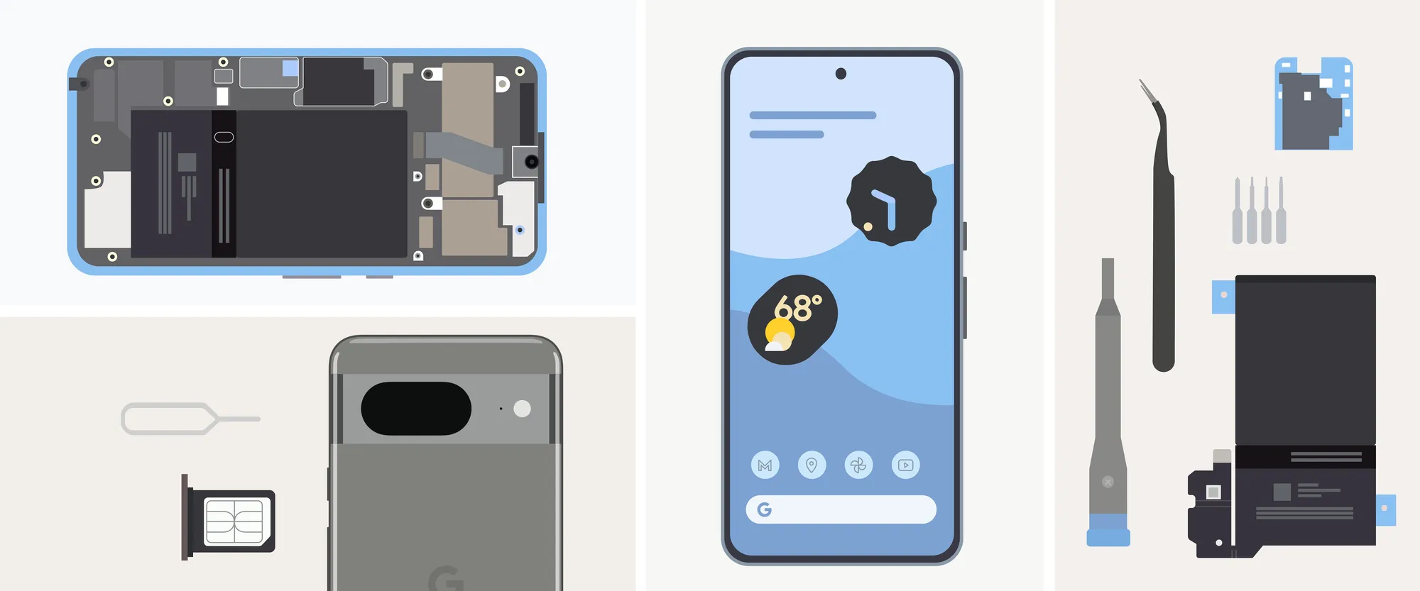 Pixel telefon külső és belső rajza javítószerszámokkal és alkatrészekkel.