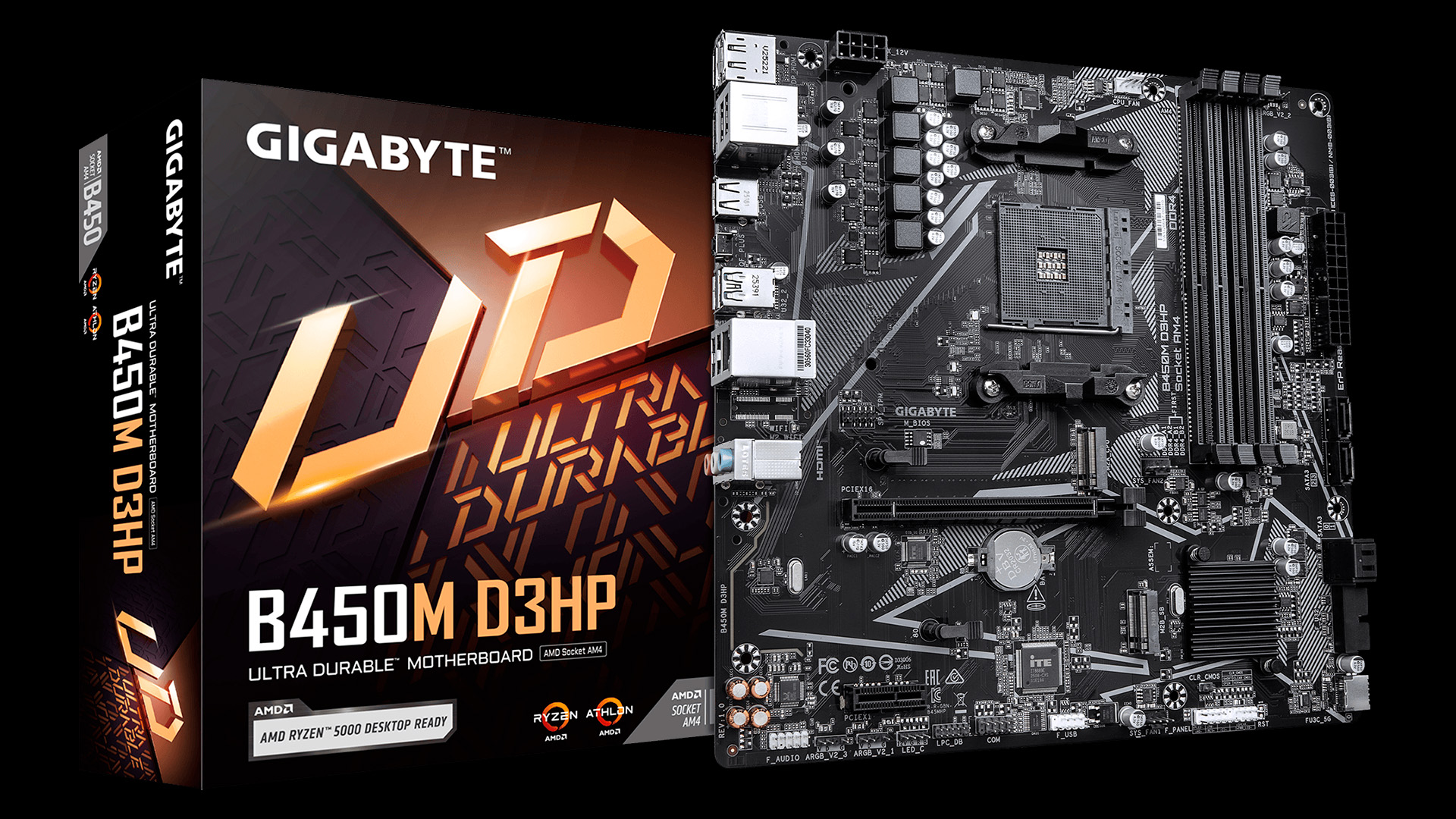 Gigabyte B450M D3HP alaplap és termékdoboz fekete háttéren