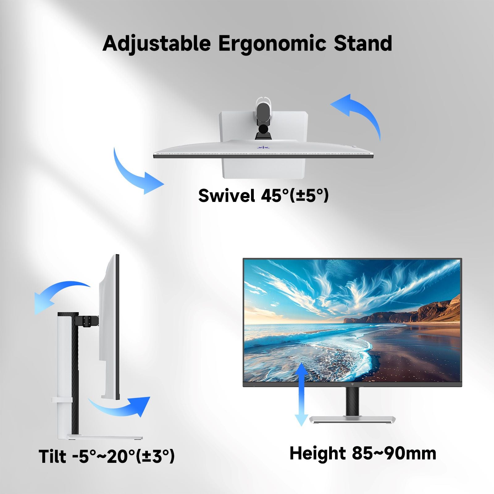 KTC H32U6 monitor állítható állvánnyal, döntési, forgatási és magasságállítási jelölésekkel.