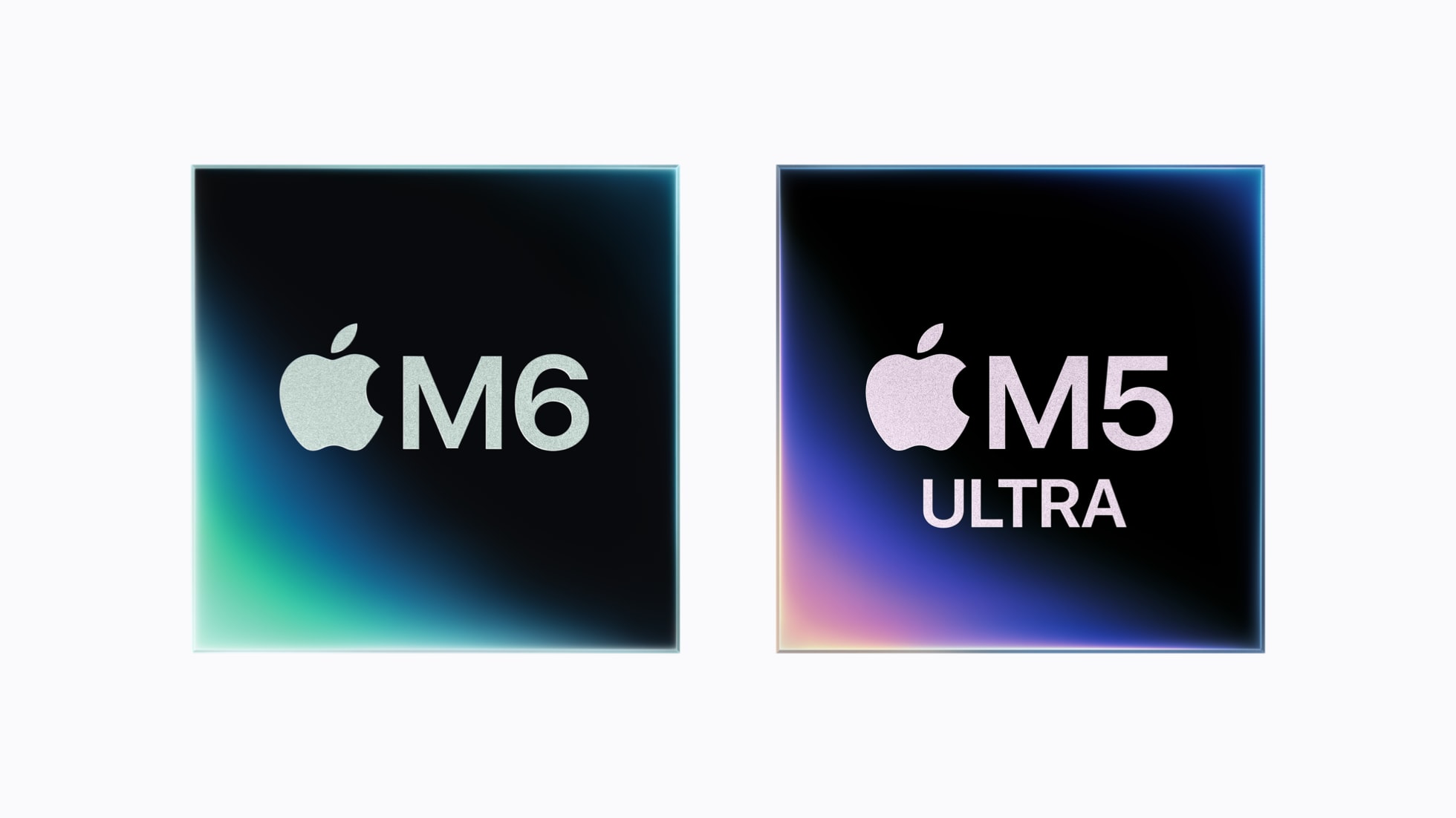 Apple M6 és Apple M5 Ultra chipgrafika egymás mellett világos háttéren.