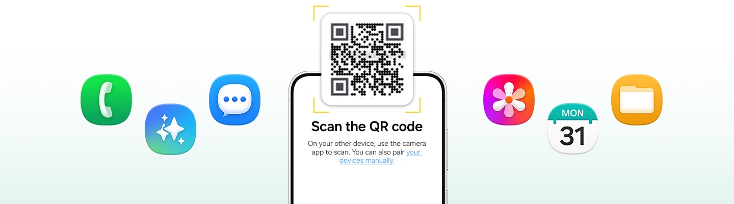Galaxy S26 FE képernyőjén QR-kódos adatátviteli beállítás, körülötte alkalmazásikonokkal.