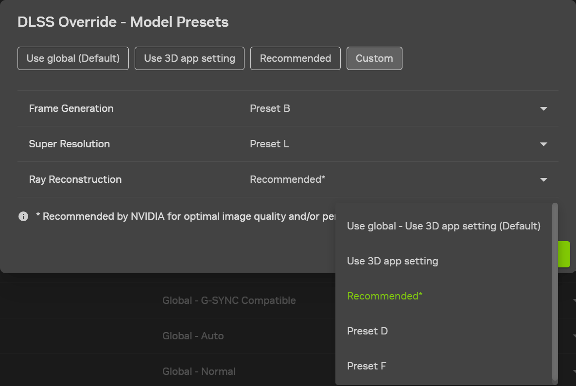 NVIDIA App DLSS Override Model Presets ablak Ray Reconstruction Preset F opcióval.