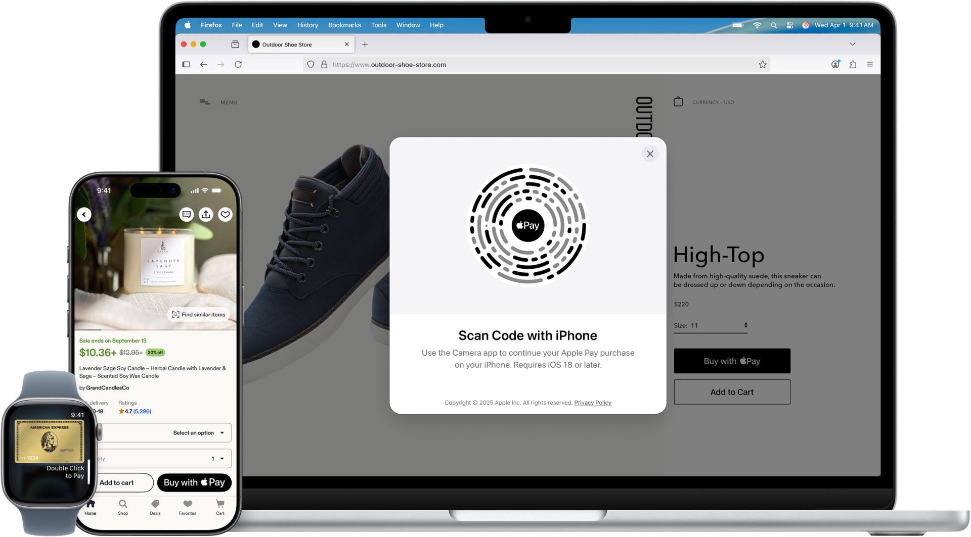 MacBookon, iPhone-on és Apple Watchon látható Apple Pay-fizetési felület hivatalos Apple-illusztráción.