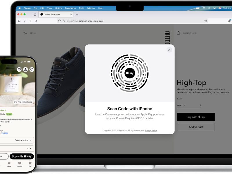 MacBookon, iPhone-on és Apple Watchon látható Apple Pay-fizetési felület hivatalos Apple-illusztráción.