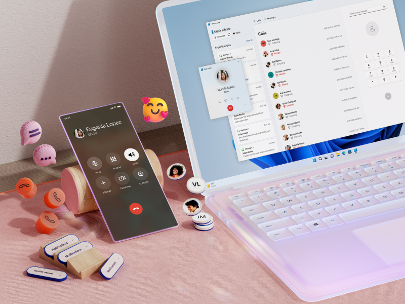 iPhone és Windows PC a Microsoft Phone Link iOS-funkcióit bemutató illusztratív képen.