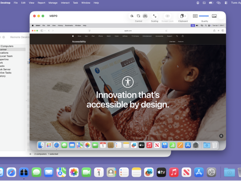 Apple Remote Desktop ablaka, amely egy távoli Mac képernyőjét vezérli.