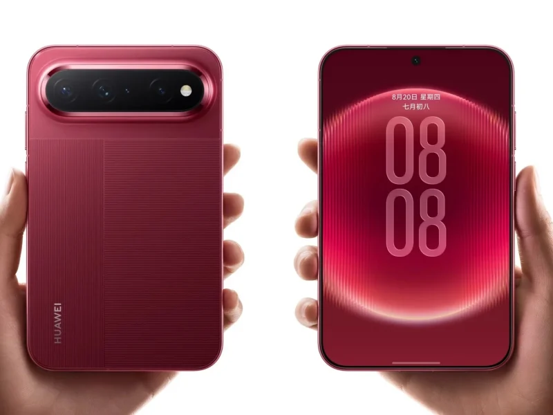 Piros Huawei Pura X View széles kijelzővel és vízszintes hátlapi kameramodullal.