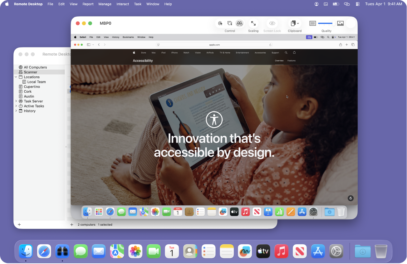 Apple Remote Desktop ablaka, amely egy távoli Mac képernyőjét vezérli.