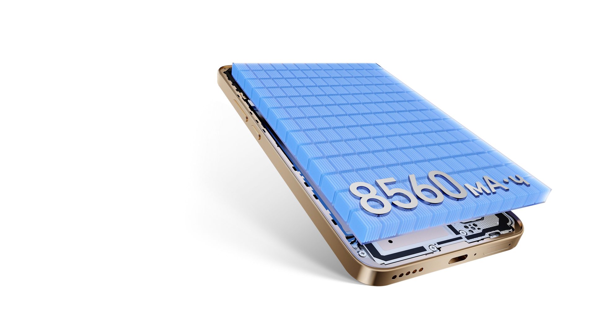 A HONOR Turbo 5G belsejét és 8560 mAh-s akkumulátorát ábrázoló hivatalos illusztráció.