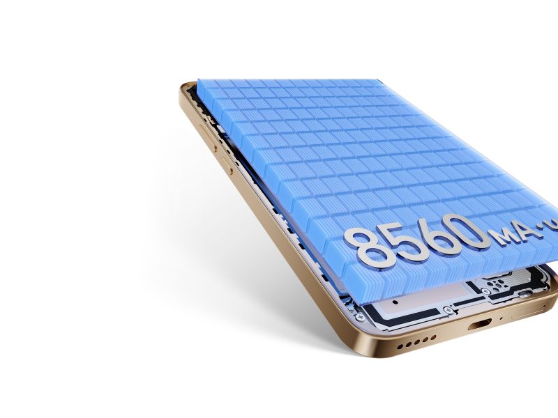 A HONOR Turbo 5G belsejét és 8560 mAh-s akkumulátorát ábrázoló hivatalos illusztráció.