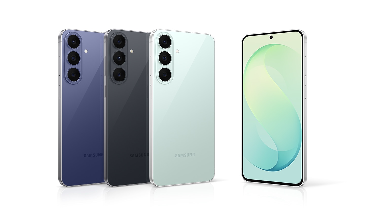 Samsung Galaxy S26 FE három hátlapi színben és egy előlapi nézetben.