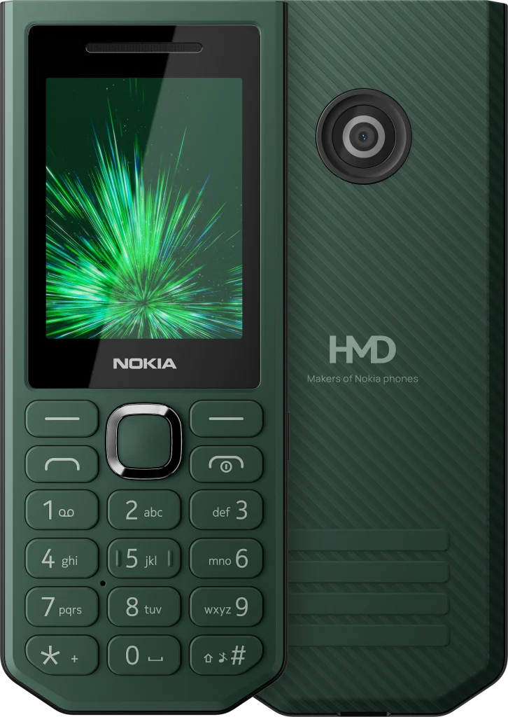 Zöld Nokia 300 Charge nyomógombos telefon elölről és hátulról, Nokia feliratú kijelzővel és HMD logós hátlappal.