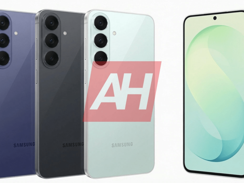 A Samsung Galaxy S26 FE kiszivárgott renderképe három hátlapi színnel és előlapi nézettel.