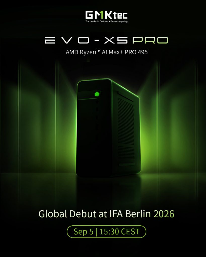 GMKtec Evo X5 Pro teaser sötét háttéren, Ryzen AI Max+ Pro 495 felirattal és IFA Berlin 2026 dátummal.