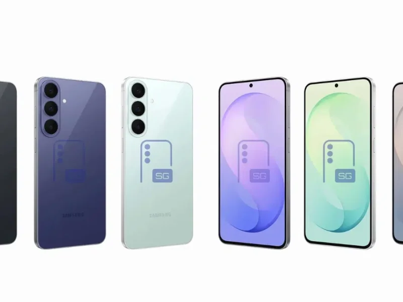 Nem hivatalos renderképen a Galaxy S26 FE-hez kötött Samsung telefon több színben, elölről és hátulról.