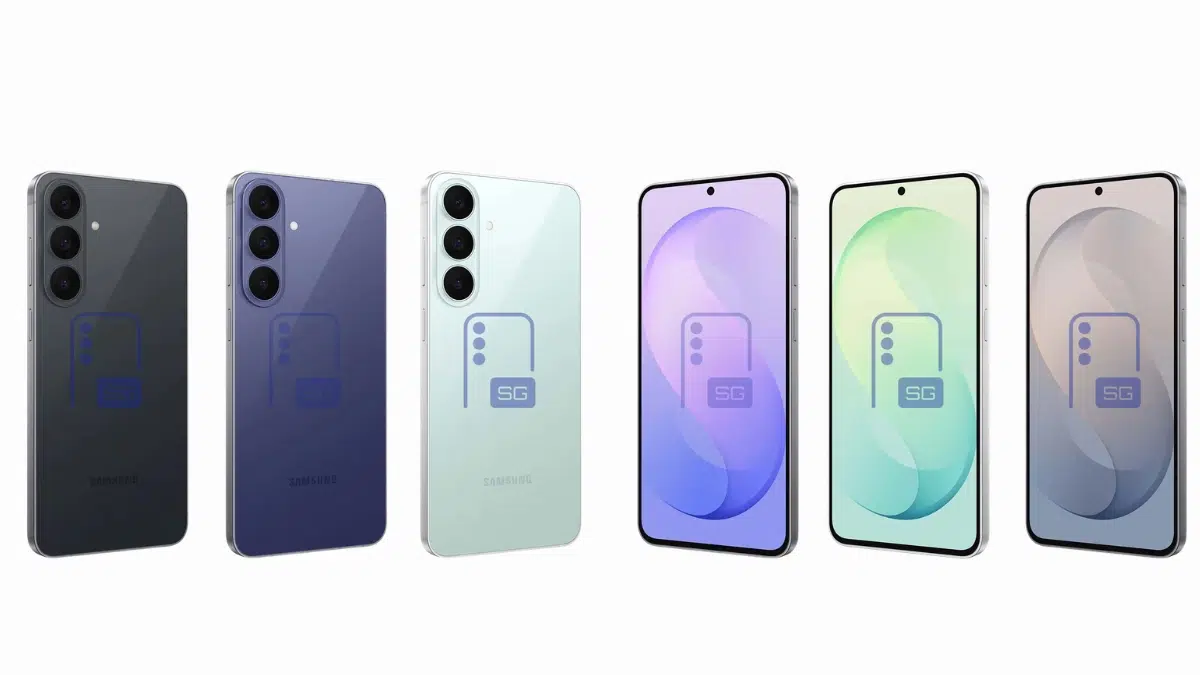 Nem hivatalos renderképen a Galaxy S26 FE-hez kötött Samsung telefon több színben, elölről és hátulról.
