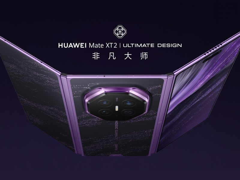 Sötétlila Huawei Mate XT 2 Ultimate Design teaserképen, részben nyitott háromrészes házzal.