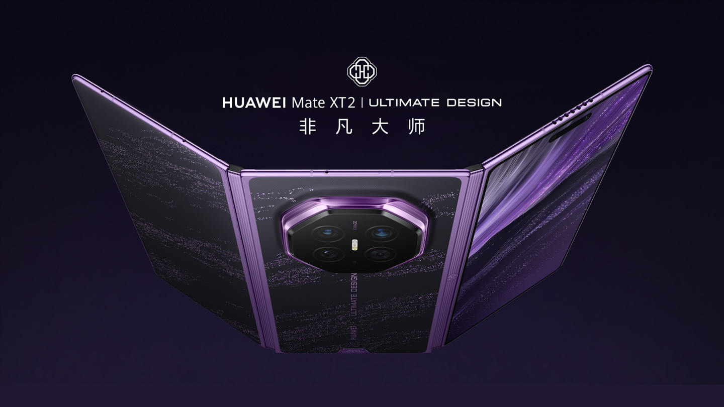 Sötétlila Huawei Mate XT 2 Ultimate Design teaserképen, részben nyitott háromrészes házzal.