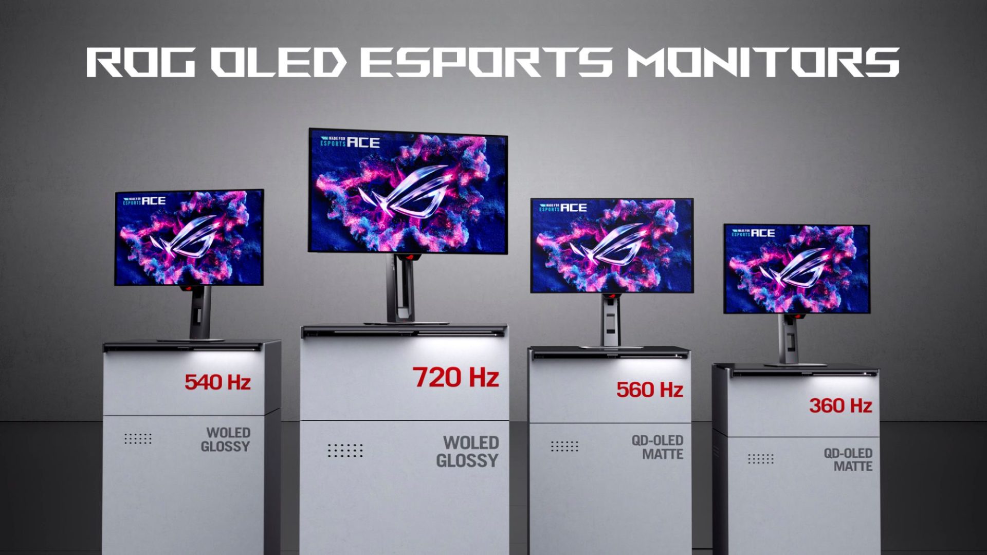 Négy ASUS ROG OLED e-sport monitor egymás mellett, 540, 720, 560 és 360 Hz-es jelöléssel.