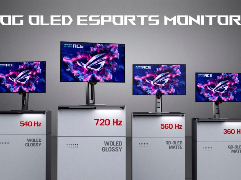 Négy ASUS ROG OLED e-sport monitor egymás mellett, 540, 720, 560 és 360 Hz-es jelöléssel.