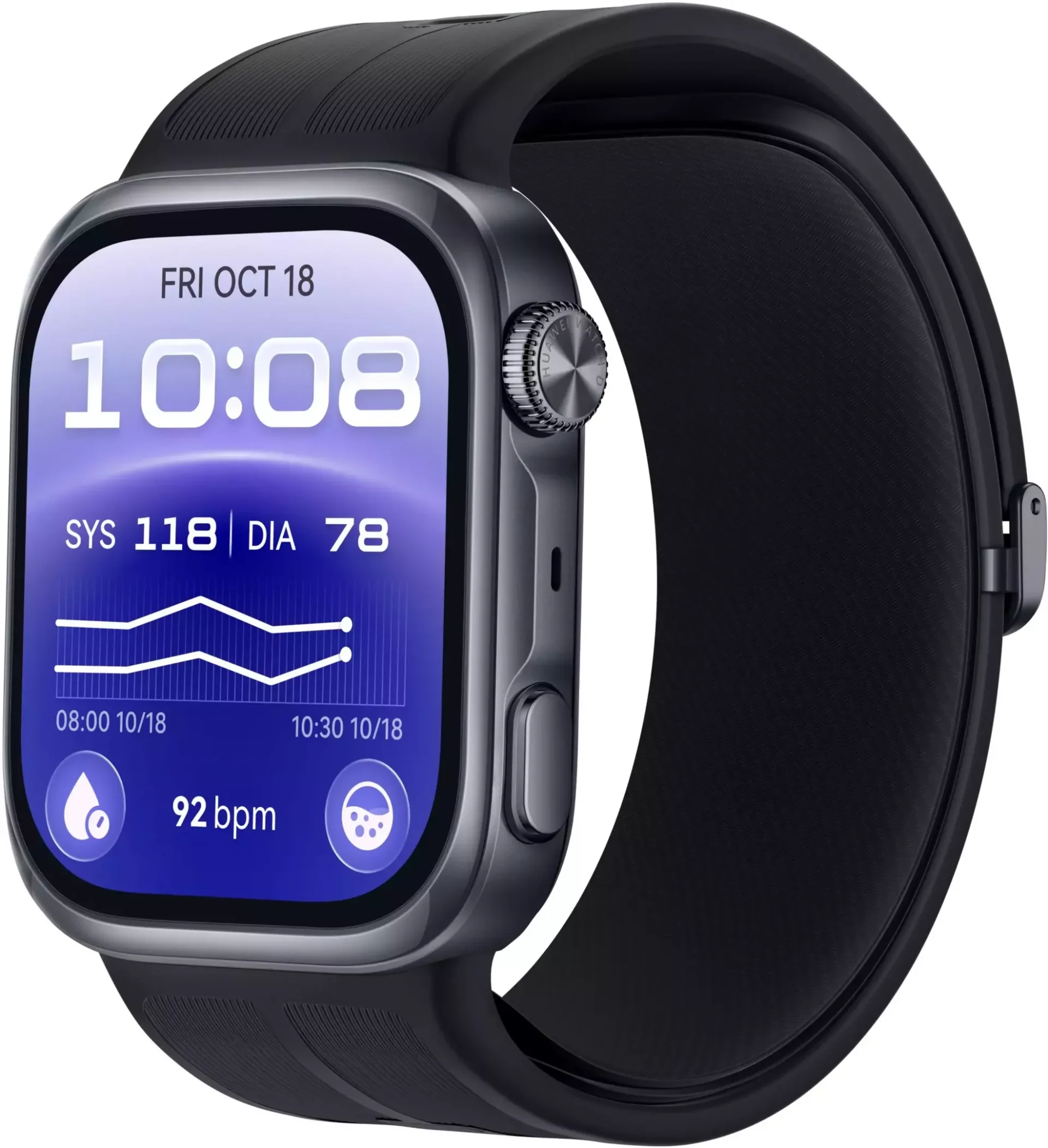 Kiszivárgott Huawei Watch D3 render vérnyomásmérős óralappal és széles szíjjal.